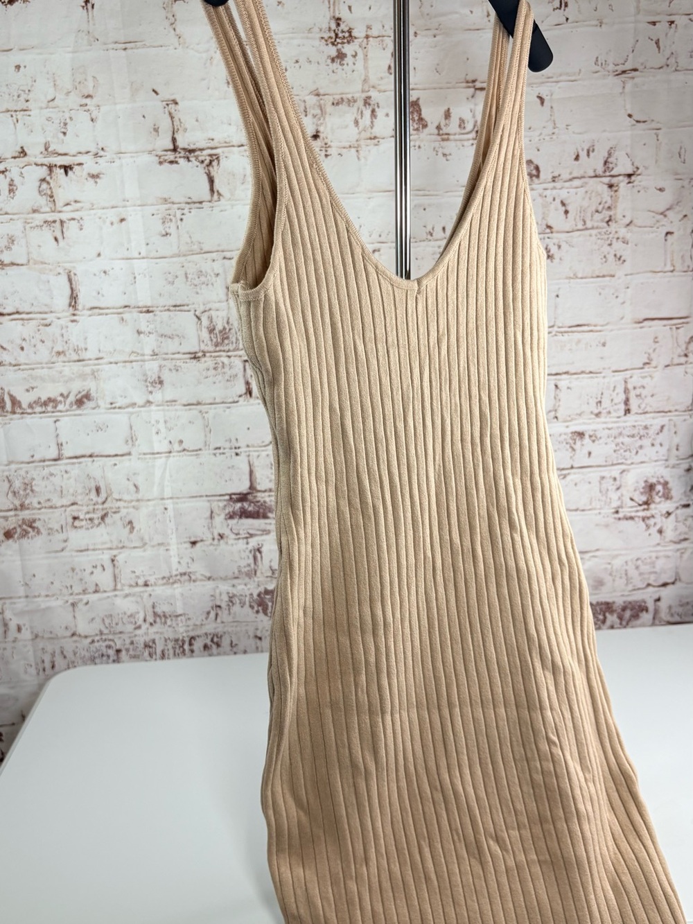 Ribbed V-Neck Midi Dress in Light Beige